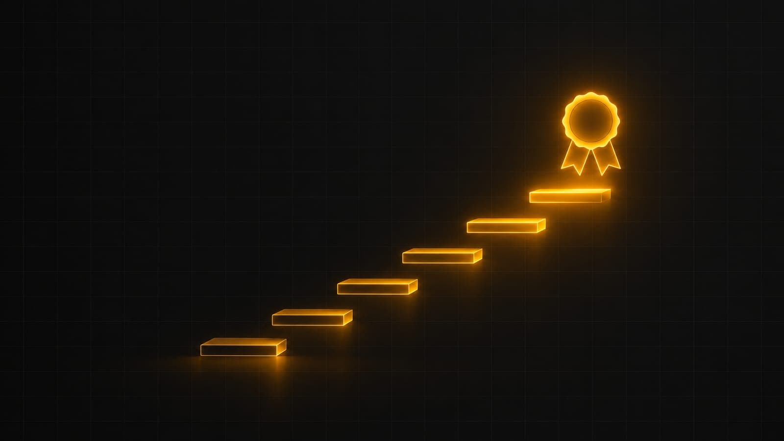 A glowing amber staircase of six steps rising towards a ribbon award badge