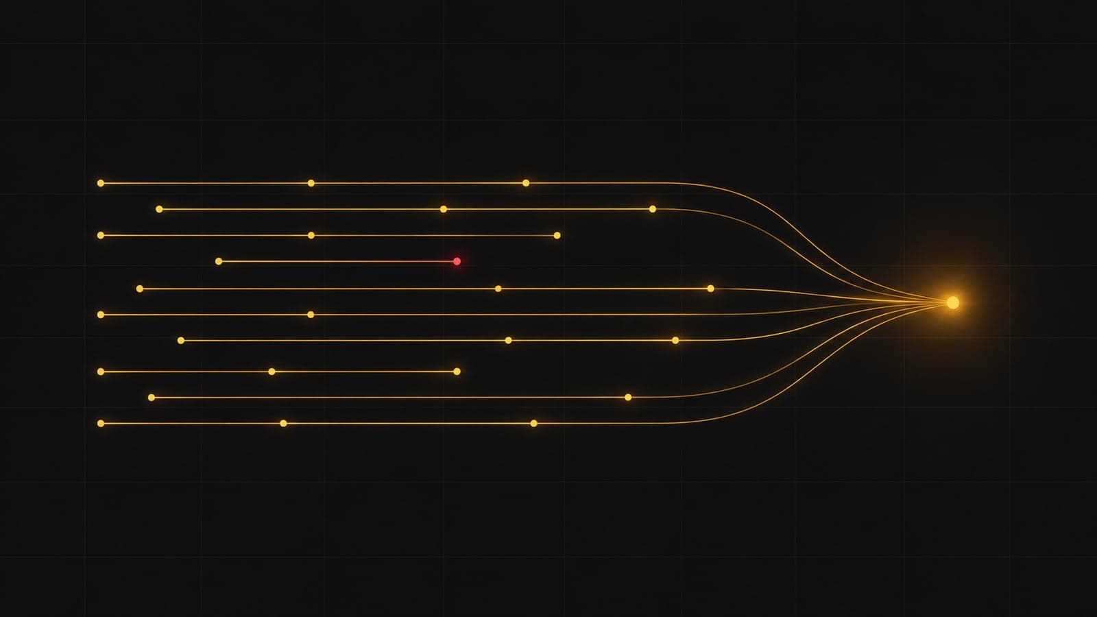 About ten glowing amber project timelines with milestone dots running in parallel, one stopped with a red blocked marker, all converging into a single bright delivery point