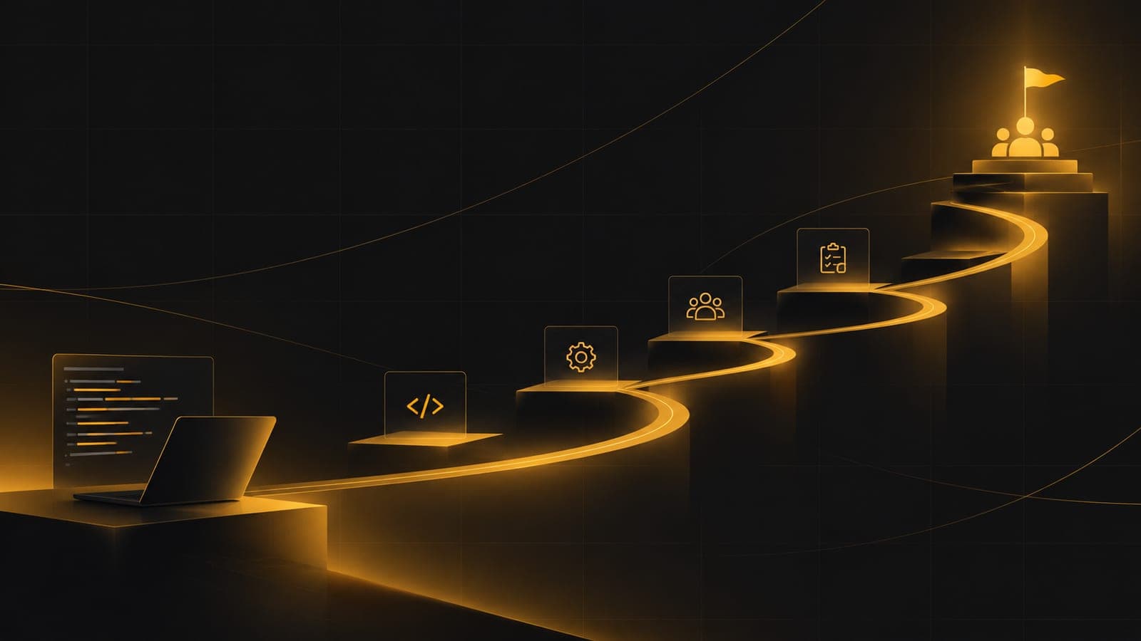 A glowing amber path climbing steps from a developer laptop and code, through planning and team icons, to a flag at the top