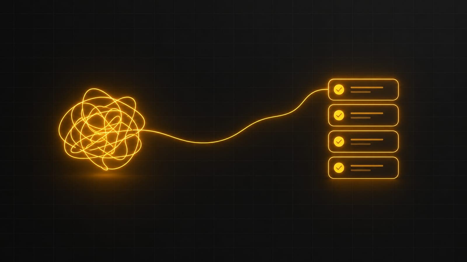 A tangled glowing amber scribble connected by a single line to a neat stack of four cards, each with a check mark