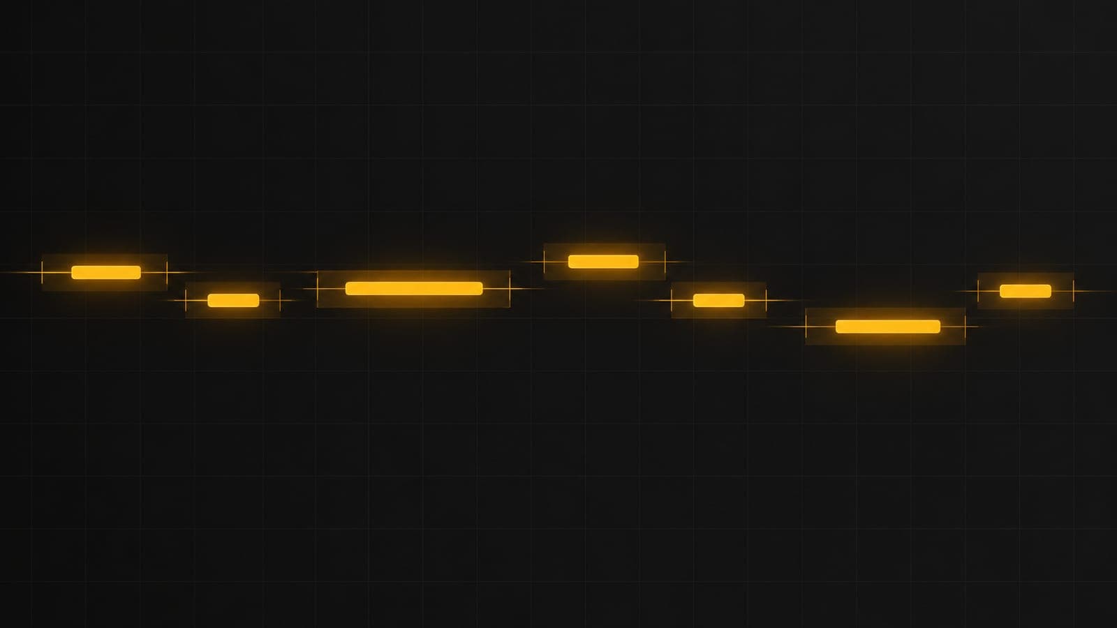 A row of glowing amber bars of different lengths along a faint timeline, each inside a translucent band showing its possible range